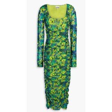GANNI Ruched Mesh Midi Dress Spring Lime Green Yellow Floral 38 6 Stretch EUC
