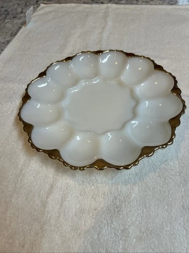 Vtg  Anchor Hocking Fire King Deviled Egg Plater  Milk Glass Dish w/Gold Trim 8M