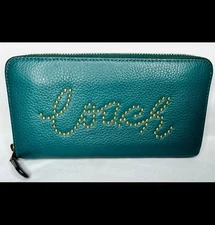 Coach Accordion zip wallet with Studded Coach Script teal pebble leather
