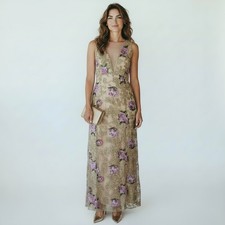 Nikibiki Midnight Embroidered Floral Mesh Maxi Dress Gold Pink