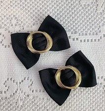 Vintage Black Ribbon Gold Tone Circle Metal Bow Shoe Clips