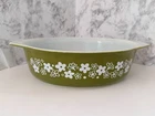 Vintage Pyrex Green Spring Blossom Crazy Daisy Oval Casserole Dish 045 - 2.5 Qt