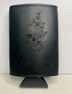 Black On Black Leather Slim Can Cooler - Skull Floral Design