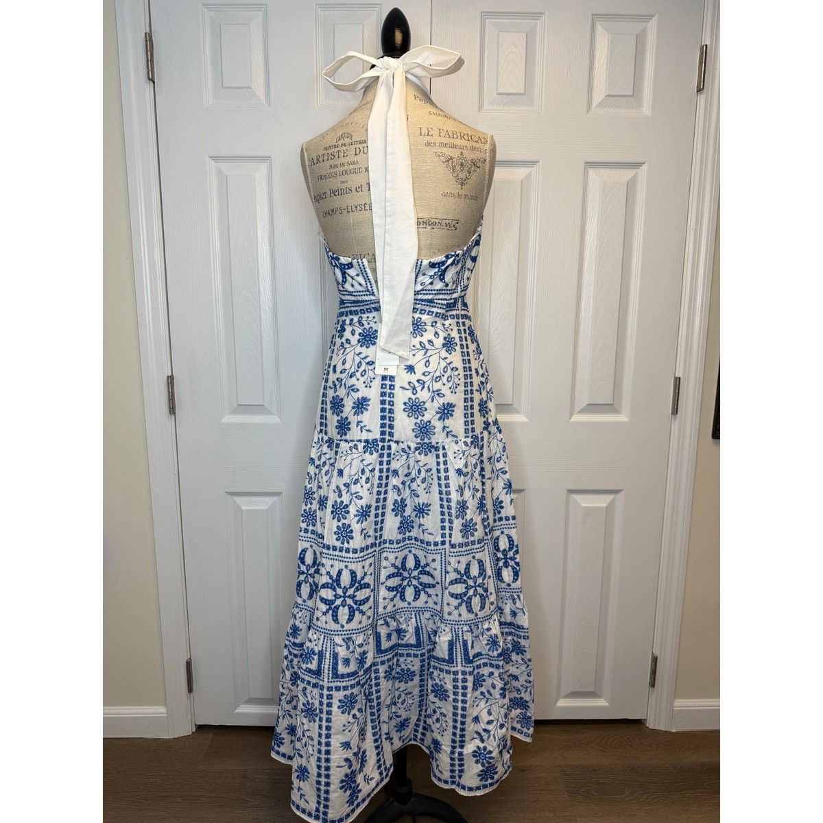 slim fit dress slacks Hayden Floral Embroidered Midi Dress in Blue/White