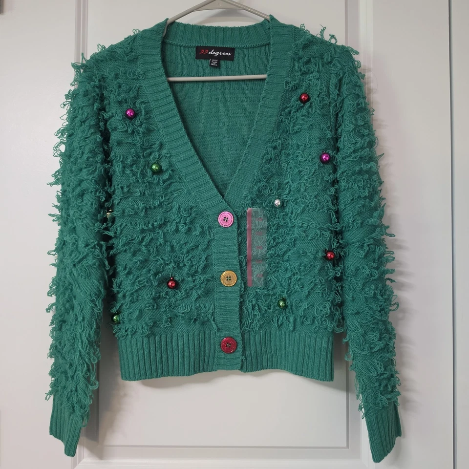 33 Degrees Women's Green Knit Christmas Tree Ornaments Cardigan Sweater Size XXS - Image 2 of 4