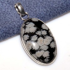 925 Silver Plated Snowflake Obsidian Pendant 2" Handcrafted Design Trendy JW