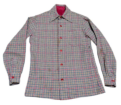 VTG PLAID WOOL FLANNEL SHIRT SHACKET SZ S RED BLUE WHITE BUTTON FRONT MENS