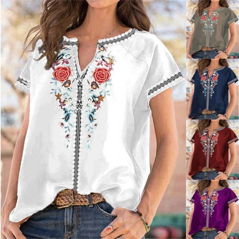 Blouse Short T Shirt Womens V-neck Tops Boho Sleeve Ladies Floral Plus Size