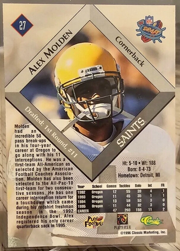 1996 Classic NFL Rookies Alex Molden RC #27 Saints - Image 2 of 2