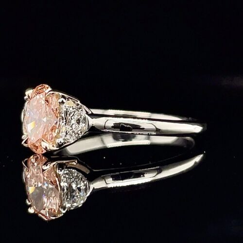 Fancy Vivid Oval Pink Diamond Lab Grown Ring W 2 Half Moons In Platinum - Picture 2 of 7