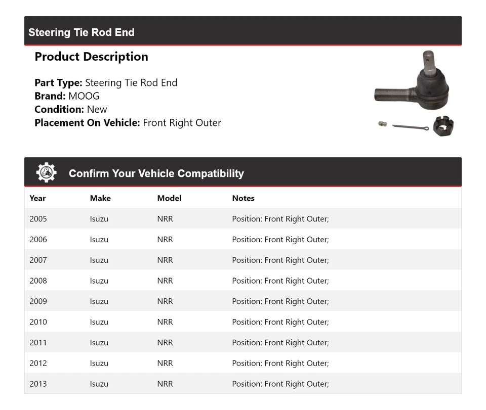 Para 2005-2013 Isuzu NRR extremidade da haste de direção dianteira direita externa MOOG 2005 2006 - Imagem 2 de 4
