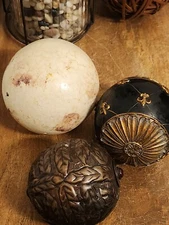 Set 3 Ceramic Cream (stone Look) & Bronze Metallic Decorative Orbs Balls Spheres