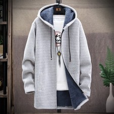 Mens Jacket Thick Winter Warm Zip Up Fleece Fur Hooded Sweatshirt Coat Outerwear