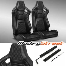 2 x BLACK PVC LEATHER WHITE STITCHING L/R RACING CAR SEATS + SLIDER