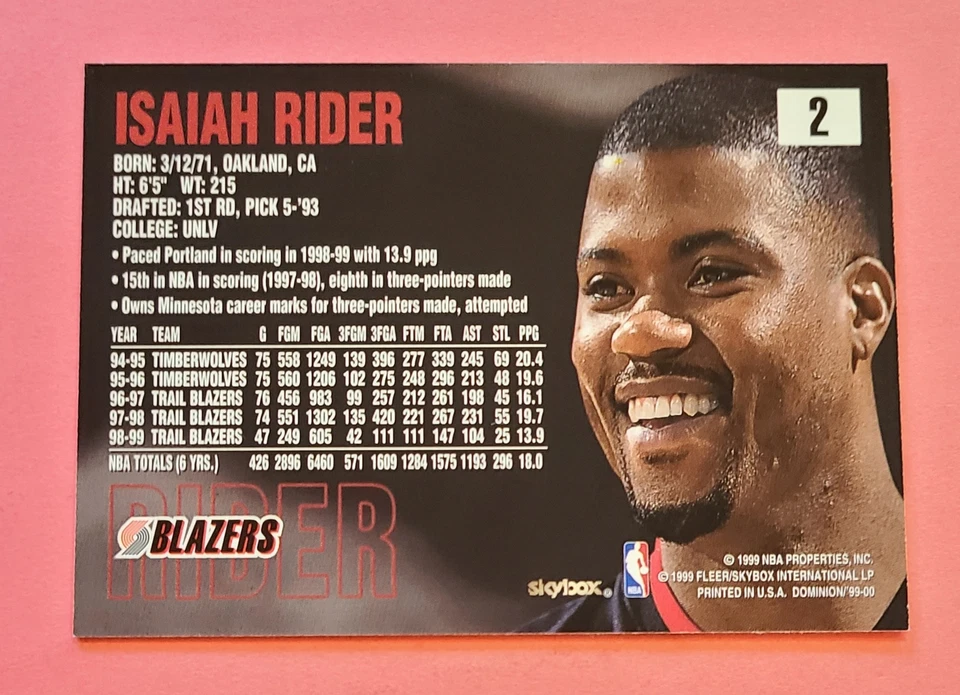 1999 SkyBox Dominion #2 Isaiah Rider NM - Image 2 of 2