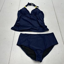Navy Blue Halter V Neck Two Piece Tankini Swim Suit Set Womens Size XXL NEW