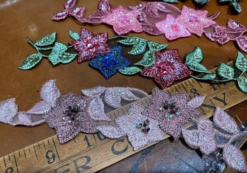 Designer Embroidered Starburst Applique Flowers Sequins Beads 2x8" 1pc Hand Sewn - 第 4/15 張圖片