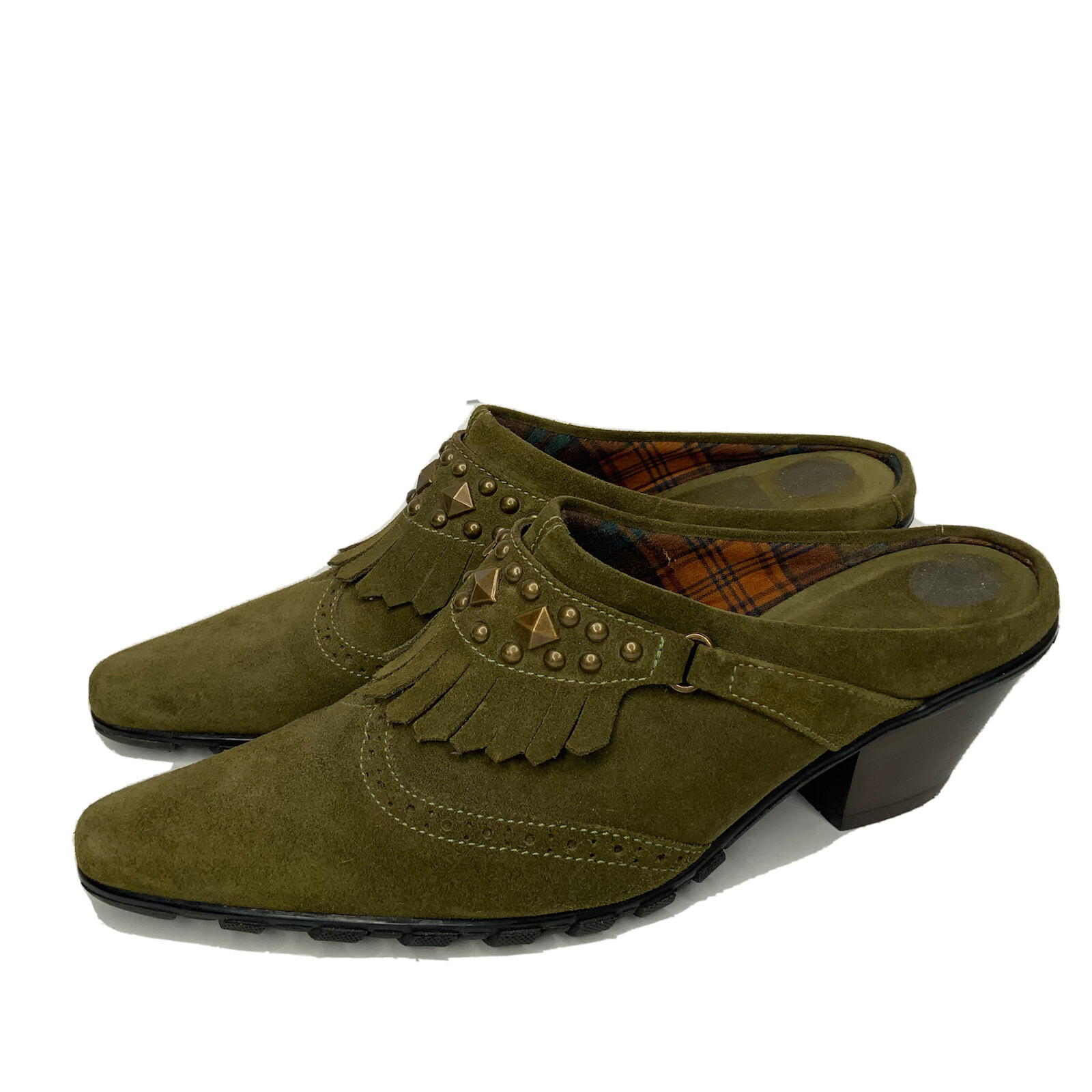 Aquatalia Green Suede Studded Fringe Mules Comfortable Cowboy Booties US 6.5