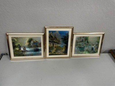 Set 3 Blue Foil Etching Reflective Trees House Kids Water Fishing Art 3D Framed