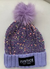 Justice Girls Sequined Purple Lavendar Pom Pom Knit Hat