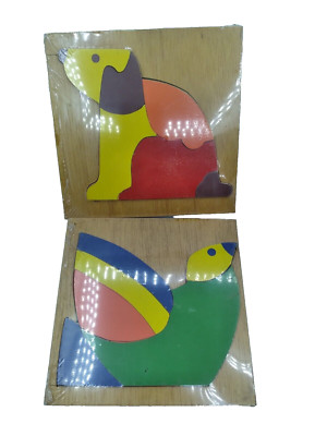Vintage Made in Spain 2 Shaped wooden bird &dog puzzles new old stock Sealed 6''
