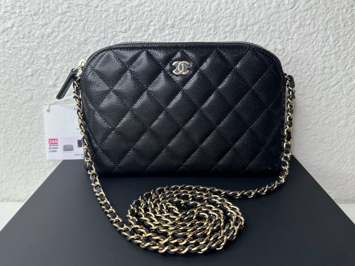 NWT 24A Chanel Classic Clutch with Chain Black Caviar with Light