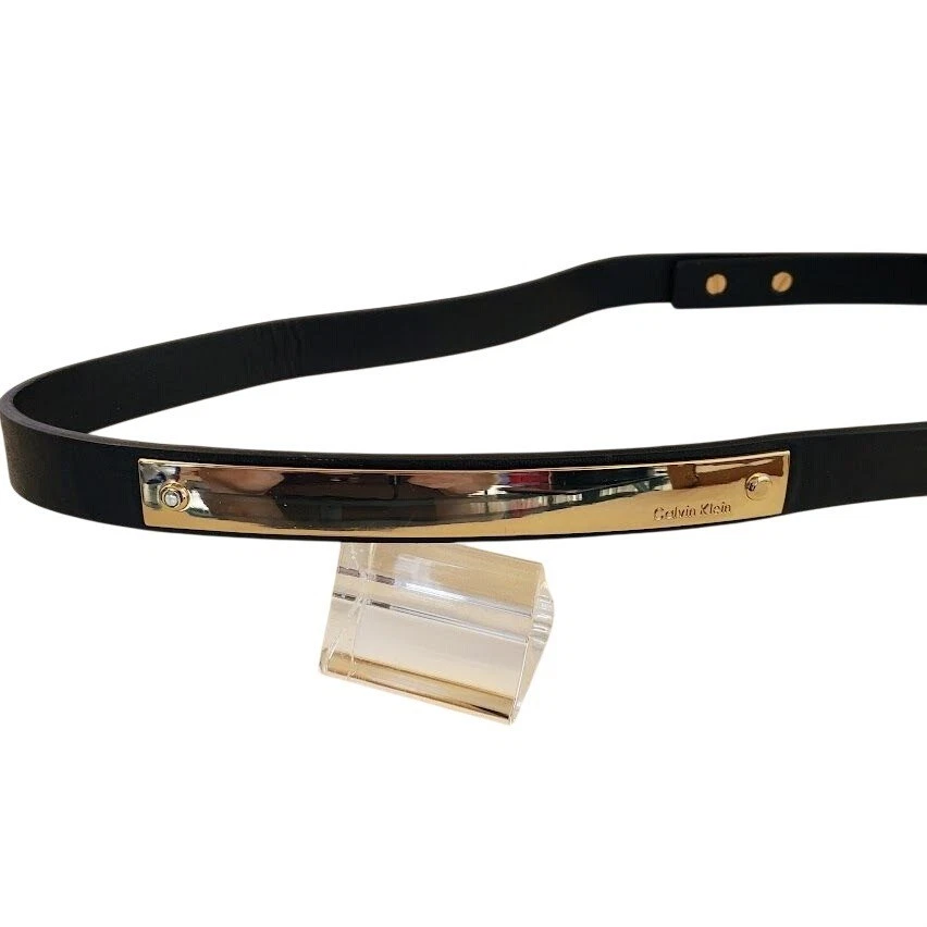 NWOT Calvin Klein Black Belt with Gold-Tone Plate Reading “Calvin Klein!” Calvin Klein Black Leather Belt Gold CK Logo | Mercari main image 3