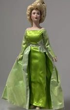 FHD Franklin Mint Heirloom Porcelain Doll 1988- 14” Green Dress Blonde Hair