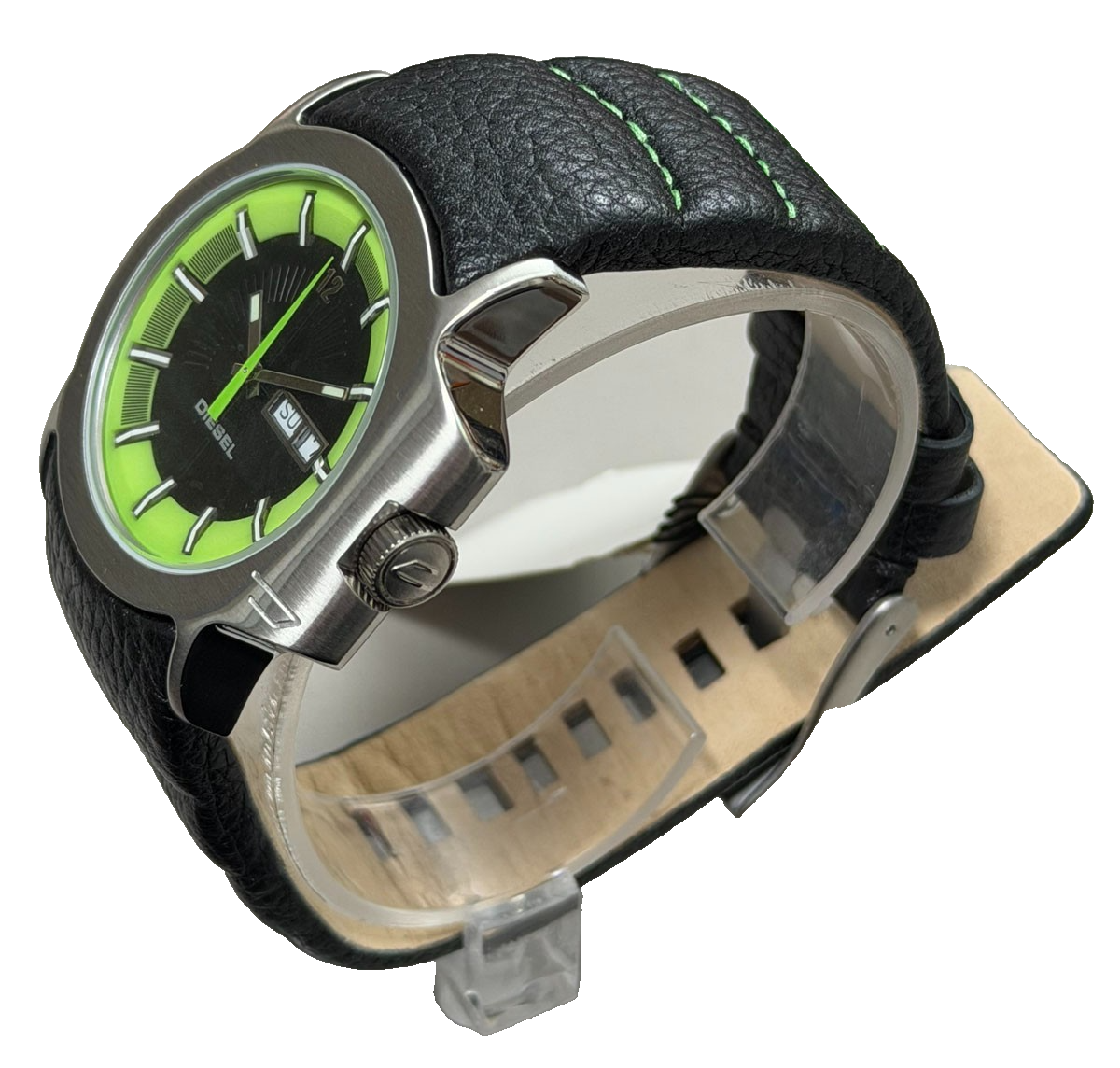 Mens Diesel Green Black DIal Steel Case Watch DZ-4052 Leather