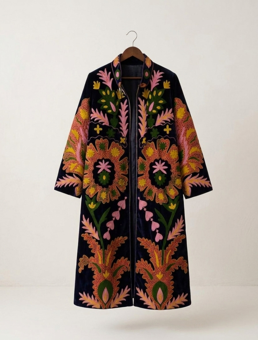 Womens Velvet Suzani Duster Coat Colorful Floral Embroidered Long Robe