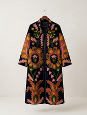 Womens Velvet Suzani Duster Coat Colorful Floral Embroidered Long Robe