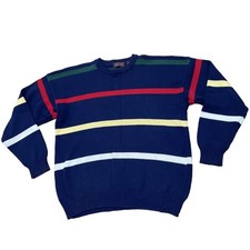John Ashford Vintage 90s Sweater Men XL Colorblock Navy Reed Cream Stripe Knit