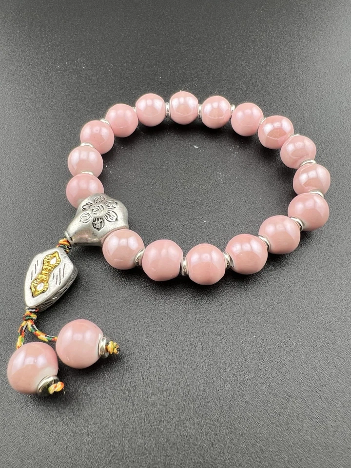 Pulsera de porcelana esmaltada en ceniza rosa de 10 mm Mantra Guru Bead Yonghe Temple Vajra Foto 2 de 3
