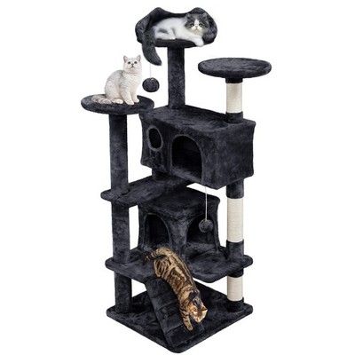 54in Cat Tree, Cat Tower w/Large Cat Condo Scratching Posts and Perch, Black