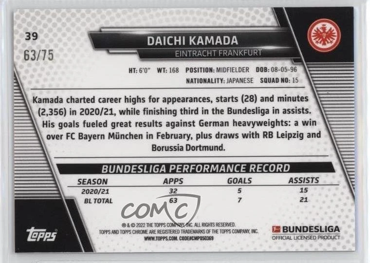 2021-22 Topps Chrome Bundesliga Pink Refractor /75 Daichi Kamada #39 - Image 2 of 2