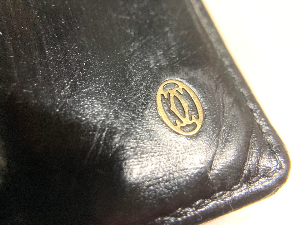 CARTIER VINTAGE PASHA GOLD CC EMBLEM LEATHER WALLET BIFOLD COIN FRANCE BLACK - Image 4 of 4