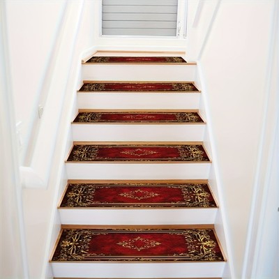 7/15pcs Vintage Golden-Patterned Red Stair Tread Mats, Soft and Durable, Machi