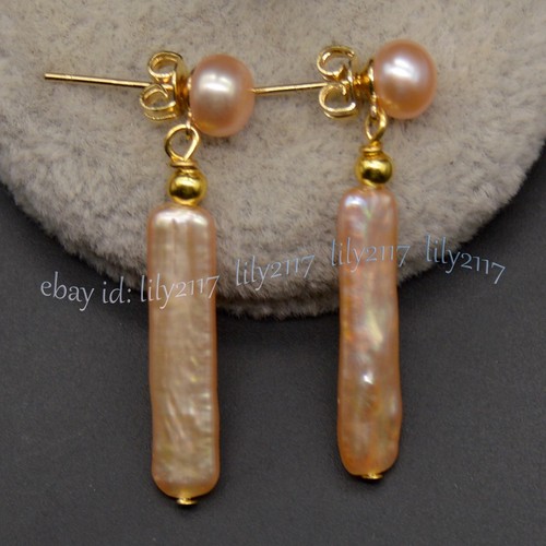 Natural Pink Freshwater Long Stick Rectangle Pearl Necklace Bracelet Earring Set - Picture 8 of 18