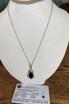 Orianne Amethyst & White Topaz Pendant On 18  Sterling Silver 925 Necklace