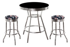 MLB Black and Chrome 3PC Bar Table Set w/Team Fabric Covered Swivel Seat Cushion