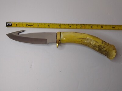 Unique Handmade Antler Handle Knife 4.5 Inch Blade w/Gut Hook/Shealth Never Used