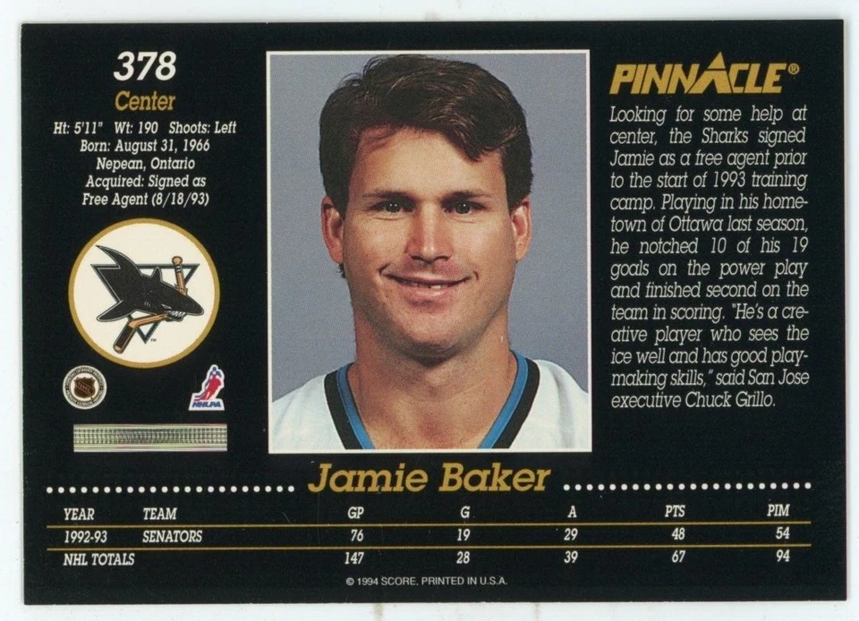 1993-94 Pinnacle Sharks Hockey Card #378 Jamie Baker - Image 2 of 2