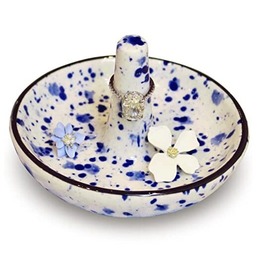 Wedding Ring Holder for Jewelry, Ceramic Ring Stand With Jewelry Blue Dots