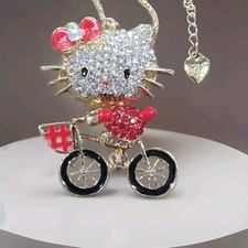 Eclectic Whimsical HELLO RED KITTY BICYCLE Rhinestone Pendant Statement Necklace