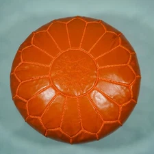 Orange Moroccan Leather Pouf – Handmade Ottoman Footstool – Premium Genuine