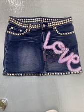 Vtg Y2K Express Love Graffiti Soft Denim Distressed Studs Mini Skirt Size 1/2