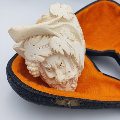Vintage Meerschaum Hand Carved Bacchus Pipe Not Smoked 3" X 2" Bowl Fitted Case