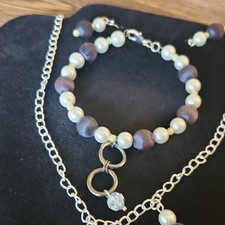 Beaded Charm Bracelet White Faux Pearls Purpl...