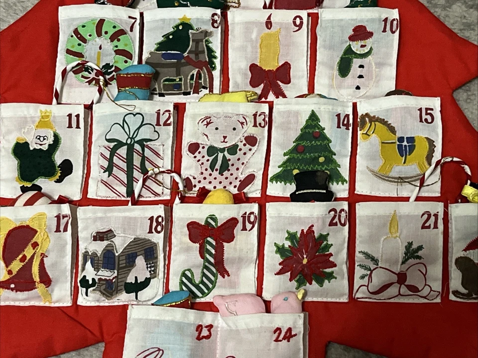 Vintage Christmas Tree Stitched Advent Calendar With Pockets & Fabric Ornaments - Image 3 of 4