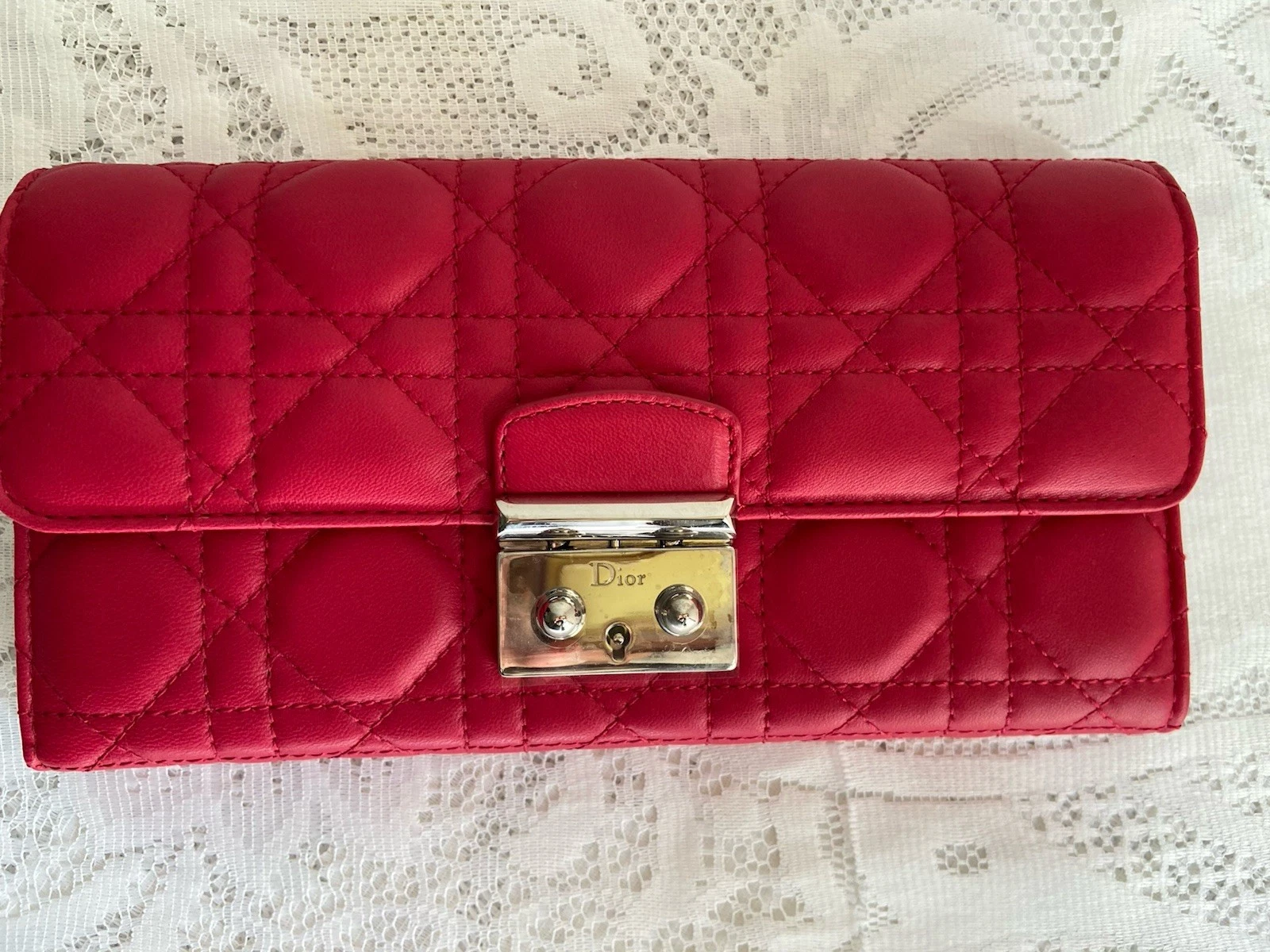 Dior — Dior Red Quilted Cannage Lambskin Wallet With Hardware NWT